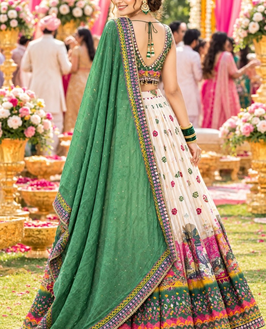 CREAM - Crepe Silk Cream Festival Wear Embroidery Work Readymade Lehenga Choli